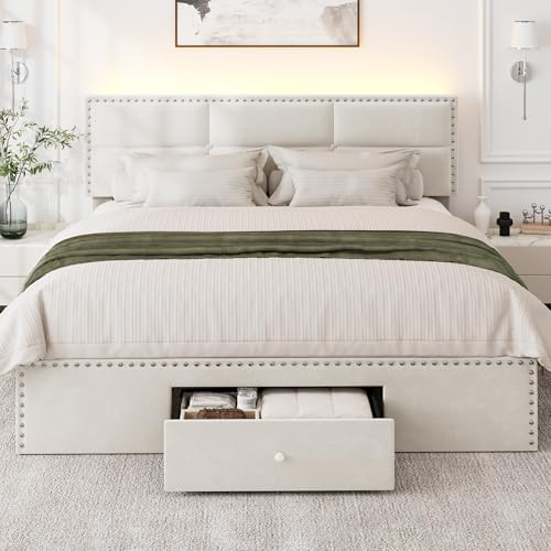 PROZENBDING Double Bed Frame with Storage Drawer, Velvet Upholstered Bed Frame 4ft6 with LED Lights, Nailhead Trim and Button Tufted Decor, Metal & Wooden Slat, No Box Spring Needed, Noise-Free, Beige