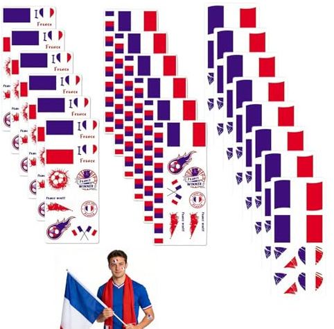 20 Blätter Frankreich Flagge Tattoos Aufkleber,Französische Dekoration Temporäre Tattowierung Set,Französische Fußball Sticker,Gesichts Nationalflagge Tattoo für Euro Fußball Eurovision