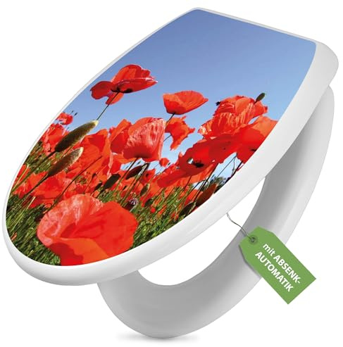 banjado Toilettendeckel mit Absenkautomatik 44,5x37cm - Soft Close Toilettensitz - WC Sitz mit Absenkautomatik - Klodeckel aus Duroplast mit Edelstahl Scharnieren, einfache Montage - Motiv Mohnblumen