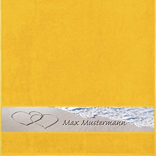 Manutextur Duschtuch mit Namen - personalisiert - Motiv Liebe - Strand - viele Farben & Motive - Dusch-Handtuch - gelb - Größe 70x140 cm - persönliches Geschenk mit Wunsch-Motiv und Wunsch-Name