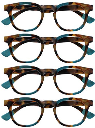 OPULIZE Ava Reading Glasses 4 Pack Flattering Rounded Frame Spring Hinges Scratch Resistant Brown Tortoiseshelll Turquoise Mens Womens RRRR62-Q +1.00