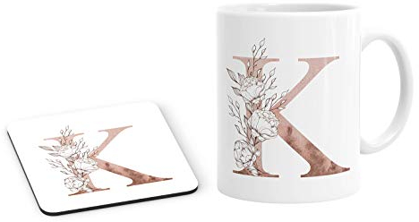 Personalised Initial K Any Letter Vintage Rose Gold Blush Mug and Coaster Set Coffee Tea Cup