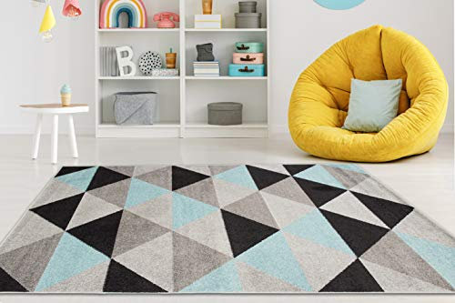 Carpeto Rugs Teppich Wohnzimmer Kurzflor Grau Modern Geometrisch Rauten Muster - Niedrigflor Teppich für Wohnzimmer Jugenzimmer Kinderzimmer/Öko-Tex Pastell Grau Türkis 140 x 190 cm