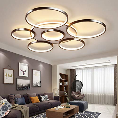 LED-Deckenleuchte Moderne Wohnzimmerlampe Kreativität 7-Ring Deckenlampe Braun Runde Kreis Schlafzimmer Kronleuchter,3000K-6500K Dimmbar Mit Fernbedienung Restaurant Dekoration Leuchtung,108W/Ø110CM