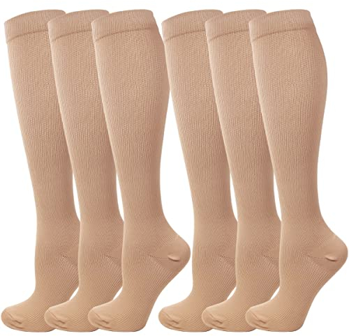 6 Paar Kompressionsstrümpfe Kniestrümpfe Stützstrümpfe Laufsocken für Damen & Herren, Sport, Laufen, Flug, Reisen, Schwangerschaft, Medizinische Kompressionssocken (L, Braun)