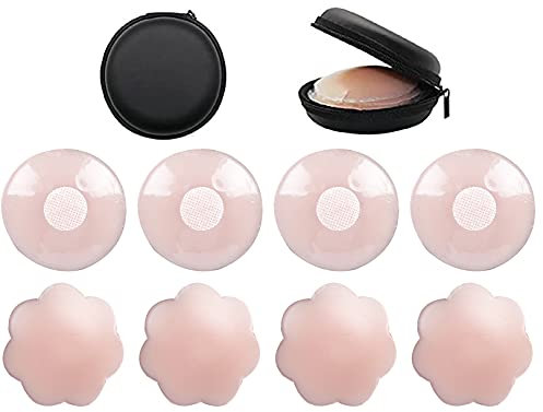 4 Paires d'autocollants de Poitrine en Silicone Invisibles, Autocollants de Poitrine en Silicone pour Femmes, réutilisables, (2 Paires de Ronds + 2 Paires de Fleurs)