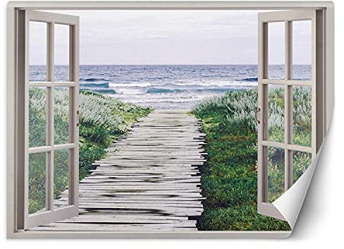Feeby Papier Peint Intisse Chemin De La Plage 140x100 cm vert XXL Photo Mural Muraux Tapisserie Vue De La Fenêtre Illusion 3D