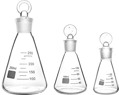 QWORK® Conical Flask Glass Erlenmeyer Flask Set (50, 100 and 250ml), 3 x Graduated Borosilicate Glass Erlenmeyer Conical Flask with Glass Stopper for Lab, Experiment, Chemistry