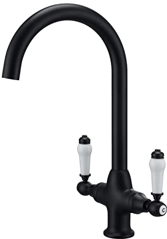 Kitchen Mixer Tap Sink Faucet with White Ceramic Dual Lever, Matte Black Traditional Kitchen Sink Tap with 360 Swivel Spout, Swan Neck Monobloc Bar Taps with Flexible Hoses