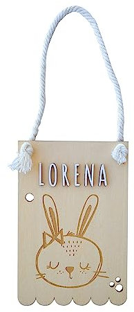 nagu® Regalo Bebe - Banderín De Madera Con Nombres De Madera Personalizados, Letras Decorativas con Animales Tiernos, Ideal Para Puerta O Pared, Envoltorio Kraft, Perfecto Para Bautizo. Coneja