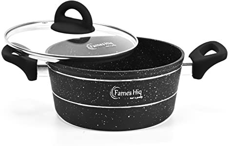 FAMES Non Stick Stockpot with Toughened Glass Lid - Anti Stain and Scratch Proof Granite Stockpot | Heat Resistant Handles | Induction Stew Pot | Soup Pot | Curry Pot | Black Stockpot Cookware (22cm)