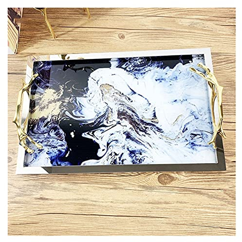 WKXCTS Tabletts Marmor Textur Messing Glas Dekorative Große Schmuck Kosmetische Aufbewahrungstabelle Gold Inlay Griff Platten Wohnzimmer Dekoration (Color : A)