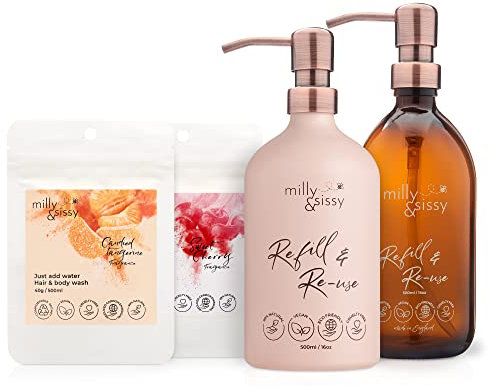milly&sissy Zero Waste Make the Switch Set : comprend une bouteille en aluminium de 500 ml pour la vie, un flacon en verre de 500 ml avec recharges pour le gel douche à la mandarine et un lavage à la