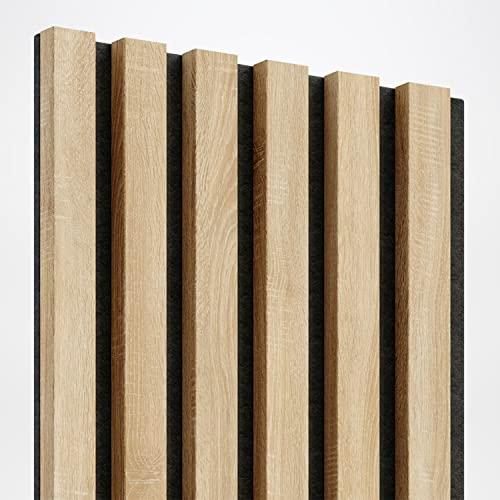 KLEMP Wandpaneele – Lamellenleisten aus MDF auf Filz 275 x 30 cm, Wandverkleidung zur Montage mit Kleber oder Klebeband auf schwarzem Untergrund 2er-set Sonoma Eiche