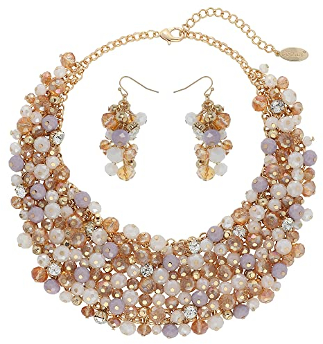 Bocar Necklace for Women Trendy, Crystal Chunky Collar Statement Necklace Earring Set, Handmade Custome Jewelry Party Gift for Her (NK-10260-Champagne pop-Set)