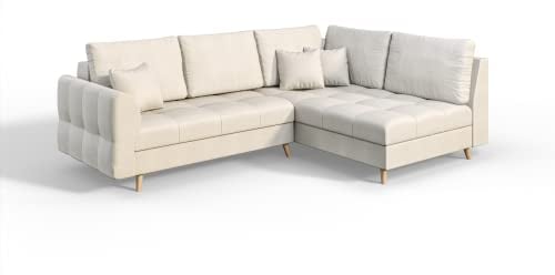 S-Style Möbel Monaco Viersitziges Ecksofa Skandinavische Moderne Ecksofa Mikrofaser Stoff 231cmx161cmx81cm Modern Lose Rückenlehnenkissen 8 Hellbraune Holzbeine Eckseite Rechts Farbe Ecru