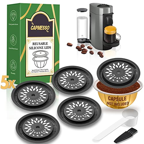 CAPMESSO Wiederverwendbare Kaffeekapsel-Deckel zur Wiederverwendung von Vertuoline-Pods, nachfüllbare Vertuo-Kapsel-Kappen-Scheibe auf allen VertuoLine-Maschinen (5 Stück Silikonkappen)