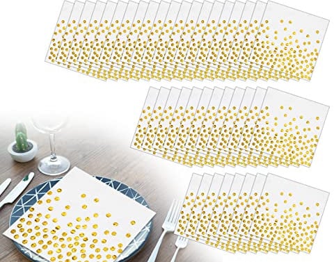 ZoeTekway 40er Pack Papierservietten Weiß Gold Dots Golden folierte Papierservietten Papierservietten 33x33 cm für Geburtstag, Hochzeit, Abendessen und Partydekoration