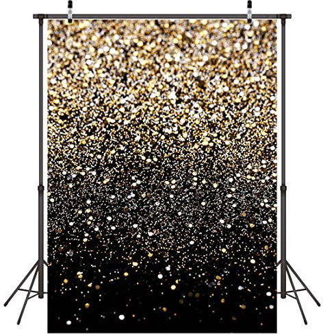 LYWYGG 5x7FT Toile de Fond en Vinyle à Paillettes Noires et dorées pour fête d'anniversaire décoration Bokeh pour Nouveau-né Studio Photo Vacances CP-447-0507