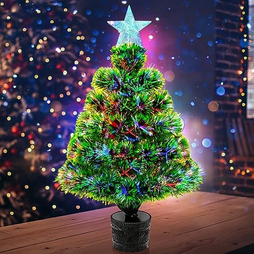 53 cm Kleiner Tisch-Weihnachtsbaum, vorbeleuchtete künstliche Mini-Weihnachtsbäume aus Glasfaser, beleuchteter Baumkronen-Stern, mehrfarbiger Kleiner Weihnachtsbaum für Tisch/Fenster/Party