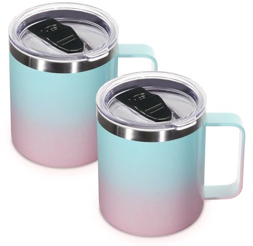 Volhoply 14oz Insulated Stainless Steel Coffee Mug with Lid Bulk 2 Pack,Double Wall Vacuum Travel Coffee Cup with Handle,Reusable Metal Tumbler,Camping Mugs Keep Hot,Christmas Gifts(Green Pink,2)