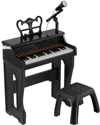 Kids Grand Piano Black, Electronic Keyboard with Microphone 37 Keys Children Musical Instrument Educational Activity Toy Birthday Gift