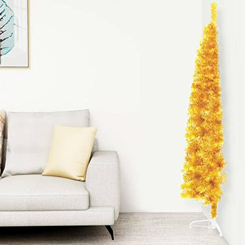 Homgoday Albero Natale Artificiale Sottile a metà con Supporto Oro 180cm, Decorazioni Natalizie, Albero di Natale, Natale Artificiale Sottile Supporto