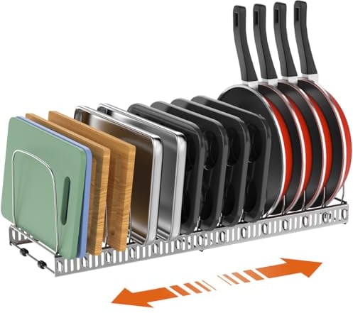 Housolution Baking Tray Storage Rack, Expandable Chopping Board Holder Rack with 14 Adjustable Dividers, Cutting Board Muffin Tin Cupcake Tray Organiser Rack for Kitchen, Silver