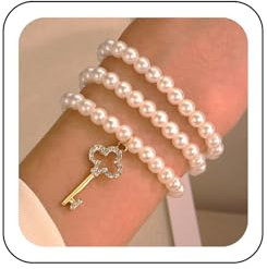 Wendalern Perlenarmband 3er-Set Diamant-Schlüssel-Charme-Armband Simulierte Perle Stretch-Armbänder Stapelbar Süßwasser-Zuchtperlen-Armband Hochzeitsschmuck Für Frauen Und Mädchen