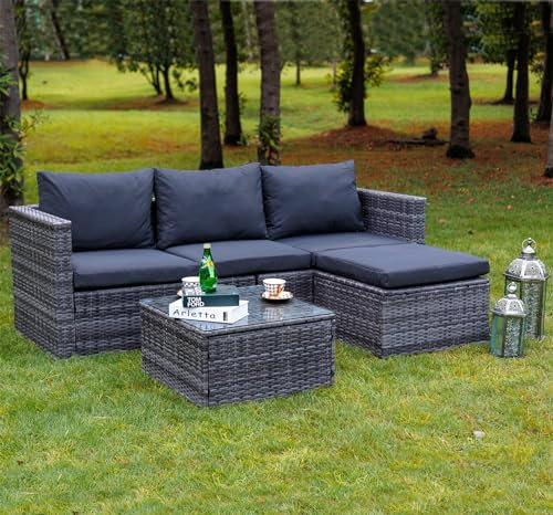 GOODS EMPORIUM Rattan Garden Corner Sofa with Coffee Table Patio Furniture Set - 3 to 4 Seater - FREE RAIN COVER INCLUDED (Dark Grey Mixed With Dark Grey Cushions)