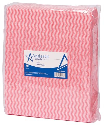 Andarta - Red J-Dish Cloths - Pack of 50 (35 x 42cm) - Versatile Cleaning Cloths for Kitchens, Bathrooms and General Areas - Absorbent, Quick-Drying, Washable and Lightweight