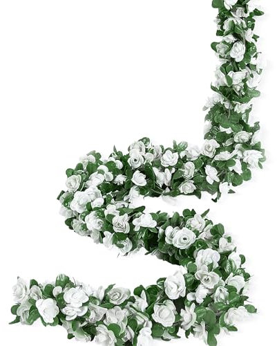 Weldomcor Pack of 8 Artificial White Garland 64 FT Flower Garland Roses Vines Silk Flowers Outdoor Hanging Artificial Flowers Decoration for Wedding Arch Bedroom Wall Backdrop Garden Decoration