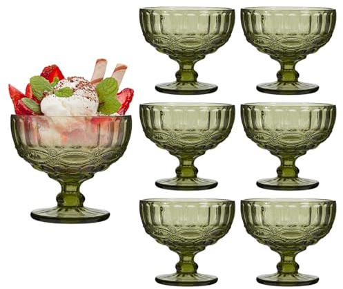 Glass Dessert Bowl Set of 6 Green Embossed 300ml Footed Sundae Glass Dessert Cup Dishes Afternoon Tea Tableware Ice Cream Sorbet Fruit Salad Cocktail Bowl