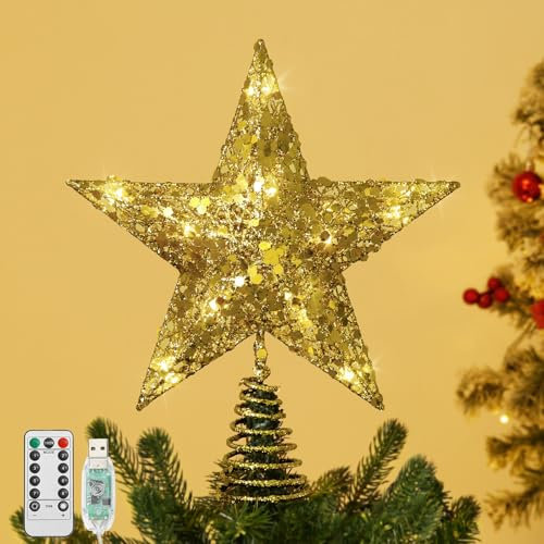 Lewondr Christbaumspitze, Pailletten Weihnachtsbaumspitze mit 20 LED-Lampen, USB Betrieben Weihnachten Baumspitze mit 6H Timer, Weihnachtsbaum Dekoration für Die Weihnachtsdekoration, Gold
