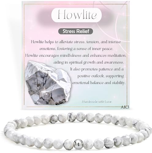 Farfume Howlite - Soulagement - Bracelets Pour Femmes, 4mm Pierre Naturelle en Argent 925 Cristal Elastique Bracelets, Bijoux en Cadeaux de Précieuses