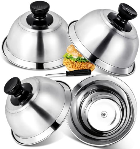 Omtofo 4 Stück Burgerglocke Edelstahl Burgercover, 16x6.7cm Grill Deckel, Burgerhauben Schmelzglocke Burger Glocke für Küche, Steak, Grill, Cheeseburger, Innen & Außen (mit Schraubenzieher)