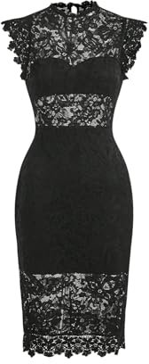 SweatyRocks Damen Midikleid Elegante Spitzenkleider Figurbetont Bleistiftkleid Stehkragen Partykleid Durchsichtiges Kleid mit Schlitz Schwarz S