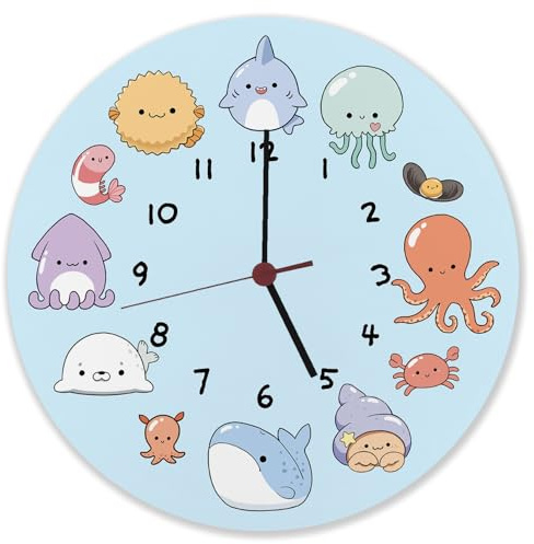speecheese Jelly & Friends Kinderuhr mit süßen Meerestieren Wanduhr aus Alu mit Kawaii Tieren Baby-Qualle Tintenfisch Oktopus und Robbe