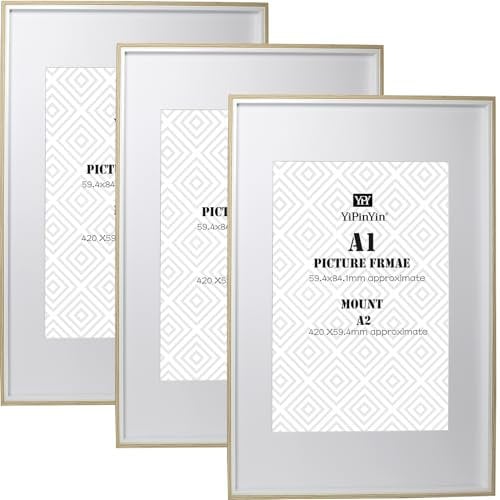 Holz-Bilderrahmen im A1-Format (59,4 x 84,1 cm), mit säurefreiem Passepartout für A2-Bilderrahmen (42 x 59,4 cm), A1-Bilderrahmen in Holzoptik, 3 Stück, mit Passepartout, A2-Fotorahmen mit