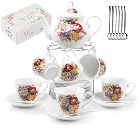 VVXAMI Tea Sets 26-Piece Porcelain Tea Set for Adults,Ceramic Tea Cups (207 ML) & Teapot (828 ML) with European Vintage Floral Design,Tea Sets for Women Tea Party High Tea,Ideal Gift