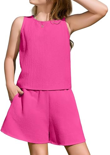 Arshiner Mädchen Sommer Bekleidungssets Lässige Mode Einfarbig Tanktop und Shorts Sets Kinder 2-teiliges Kleidungsset Strand-Outfits Rose red 160 12-13 Jahre