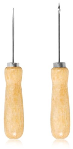 OQKAHIV 2er Set Ahle mit Holzgriff, Locher, Leder-Vorstecher mit Holzgriff, Profi Ahle Werkzeug Nähset mit Rundahle und Prickelnadeln, DIY-Lederhandwerkswerkzeug, zum Nähen und Stanzen von Leder