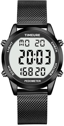 TIMEURE Men's Pedometer Watch with Stainless Steel Bracelet, Step Counter Watch, No App, No Charging Needed for Outdoor Walking, Calorie, Distance, Alarm, Countdown Timer TU-2306B