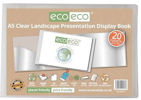 eco-eco Eco174 - Raccoglitore per presentazioni, formato A5, 50% riciclato, 20 tasche, trasparente, con buste in plastica