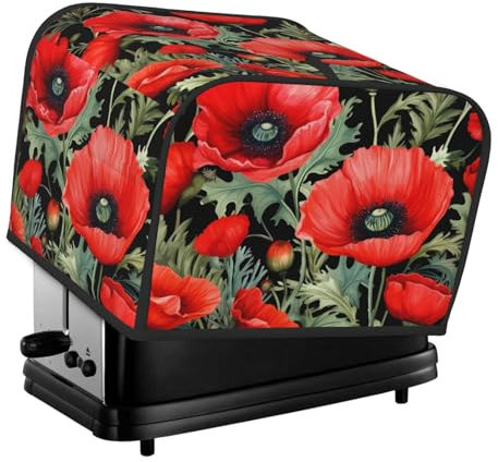 Mexpekil Red Poppy Flower Floral Leaf 4 Slice Toaster Cover Waterproof Appliance Covers with Hanging Loop Dustproof Bread Toaster Protector for Kitchen