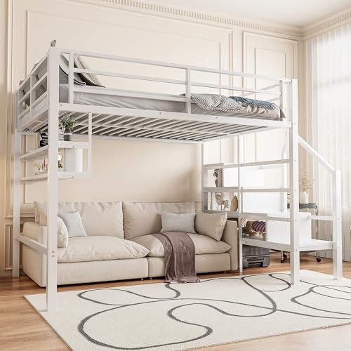 Biqzuya Hochbett, 140 x 200 cm, mit Lagerregalen, Aufbewahrungsleiter, großem Stauraum, unter dem Schrank und integriertem Geländer – ohne Matratze – Weiß