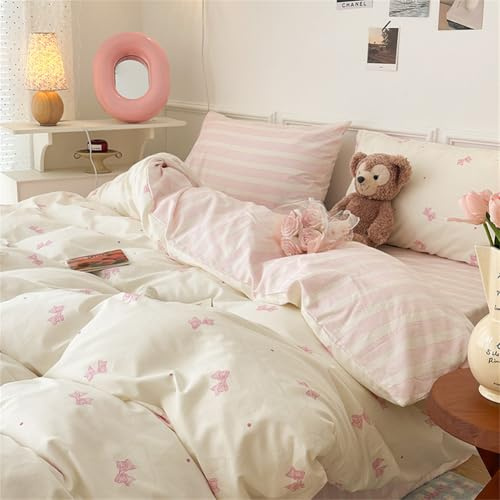 Koudi Rosa Bettwäsche 140x200 Baumwolle Mädchen mit Rosa Weiß Schleifen Kinder Bettbezug 2teilig Rosa Schleifenmuster Deckenbezug mit Reißverschluss und Kissenbezug 70x90cm