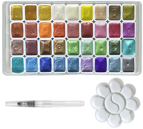 Dryxog 36 Farben Metallic Aquarellfarben Set, Glitzer Wasserfarben mit Wasserpinsel Palette, Premium Wassermalkasten, Tuschkasten Aquarell Zubehör, Neon Farben für Künstler Anfänger Kinder