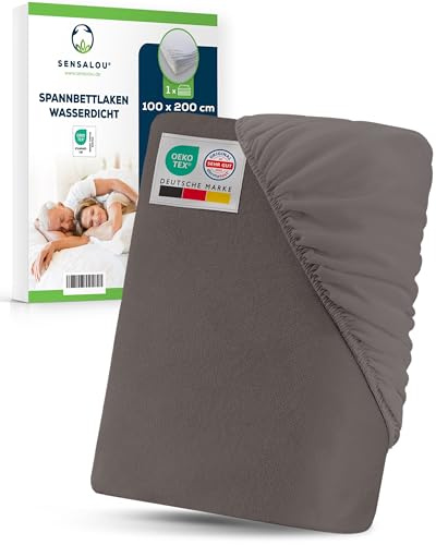 Sensalou Wasserdichtes Spannbettlaken 100 x 200 cm Grau - Matratzenschutz | Geräuscharmer Matratzenschoner mit Frottee-Oberfläche, atmungsaktiver Nässeschutz für Boxspringbett, 95°C waschbar