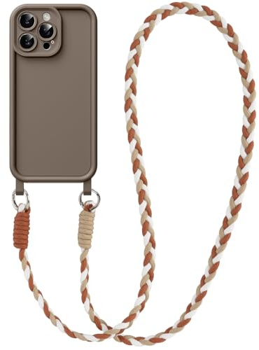 Coiwxmoi Coque pour iPhone 14 Pro Max 6,7 avec Cordon, Silicone Souple TPU Étui avec Lanyard Réglable Portable pour Femmes Filles, Antichoc Protection de la Caméra Case pour iPhone 14 Pro Max, Brun
